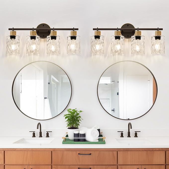 MOKATNG Bathroom Light Fixtures, 4-Light Coastal Vanity Lights with Crystal Glass Shade, Oil-Rubbed Bronze Bathroom Wall Lamp for Mirror Kitchen Hallway Cabinet