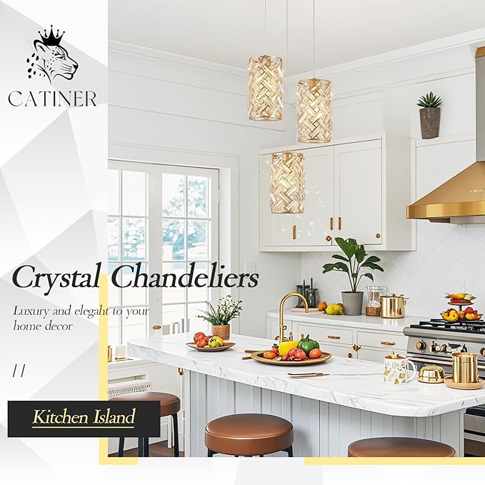 CATINER 3-Light Modern Gold Crystal Pendant Light Luxury Mini Chandelier, Adjustable Cluster Pendant Lighting for Kitchen Island Dinning Room Bedroom Hallway Porch