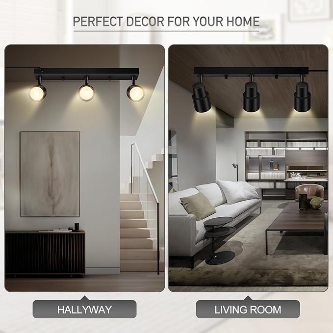 Plug-in Track Lighting LED, Track Light Fixtures Ceiling, Black Plug in Wall Lights with 14.8ft Cord, 3 Way Ceiling Spotlight for Kitchen, Rotatable Light Head for Bedroom Hallway(GU10 Socket,NO Bulb)