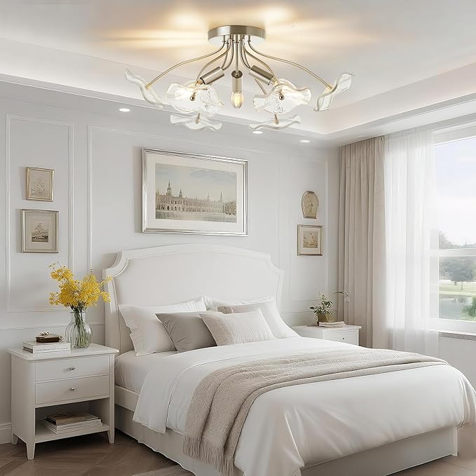 Luvkczc Semi Flush Mount Ceiling Light, Brushed Nickel Ceiling Light Fixture, Modern Floral Glass Lighting for Kitchen Entryway Hallway Bathroom Bedroom Foyer, 3 Light E12 Socket
