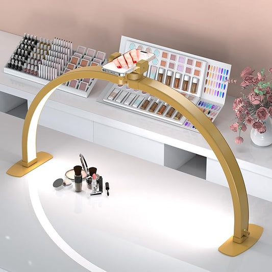SLYFTE Premium Large Half Moon LED Light for Nail Tech, Foldable Arch Light for Nail Desk Lamp with Phone Stand Perfect for Manicure Handicraft Lighting (Golden, Large)