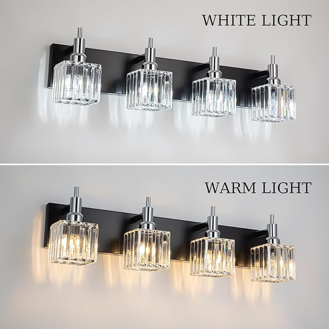 Black Chrome Bathroom Vanity Lights, Modern 4 Lights Crystal Bathroom Lighting Fixtures Over Mirror Crystal Wall Light with Square Shade