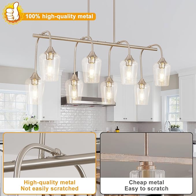 38" Dining Room Light Fixture/Chandelier Over Table, 8-Light Brushed Nickel Kitchen Island Lighting with Clear Glass Shade, Modern Hanging Pendant Lights Fixture for Kitchen Island, Dining Room, Bar