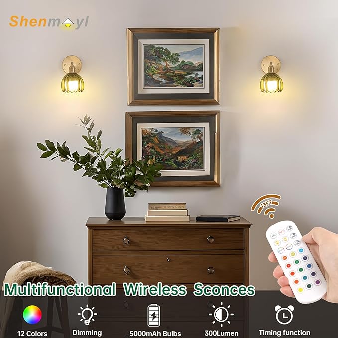 Shenmoyl Vintage Battery Operated Wall Sconce with Green Tulip Glass Lampshade 5000 mAh Rechargeable Battery Powered Wall Light with Remote Control for Bedside Bedroom Doorway, Set of 2
