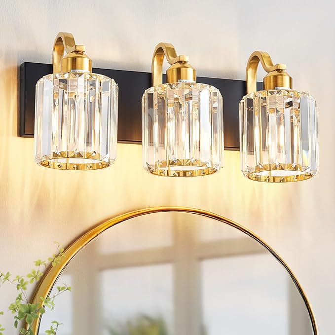 Modern Crystal Bathroom Vanity Lights, Black and Gold 3-Lights Bathroom Light Fixtures Over Mirror, Crystal Wall Lighting for Mirror Bedroom Living Room (Exclude Bulb)