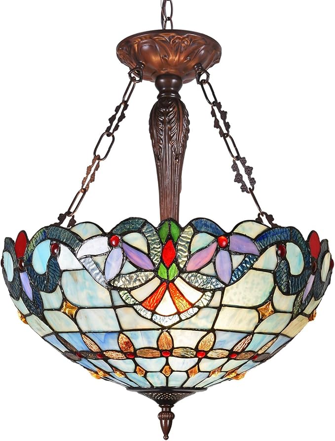 Capulina Tiffany Lamp Stained Glass Pendant Light Chandelier 3-Lights 18 Inches Wide Victorian Antique Hanging Lamp for Dining Living Room Bedroom Hallway Foyer Kitchen Island