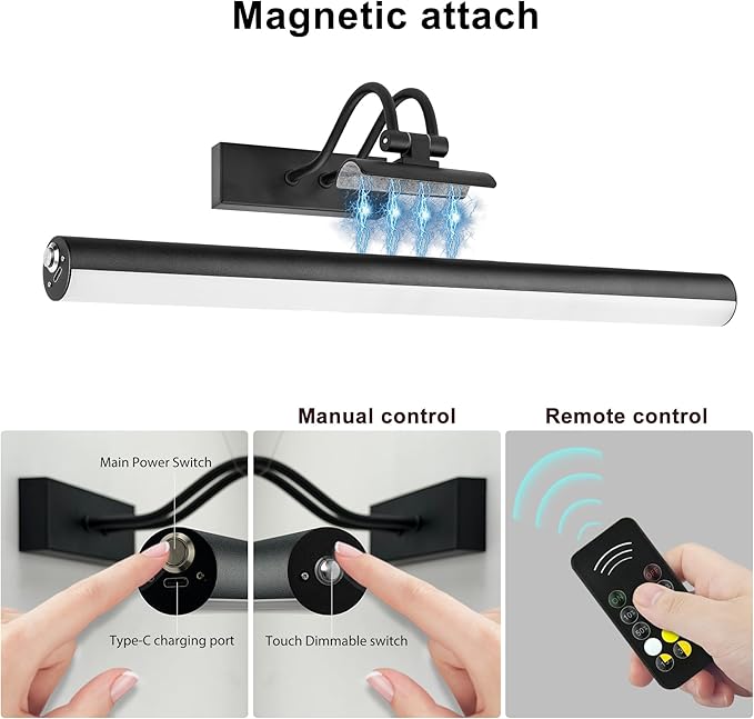 RAIFOOLLY Picture Light,Magnetic Wall Light,16inch Art Light,5000mAh Rechargeable Battery Accent Light with Remote Timer and Dimmable for Painting, Frame, Portrait, Artwork-Black