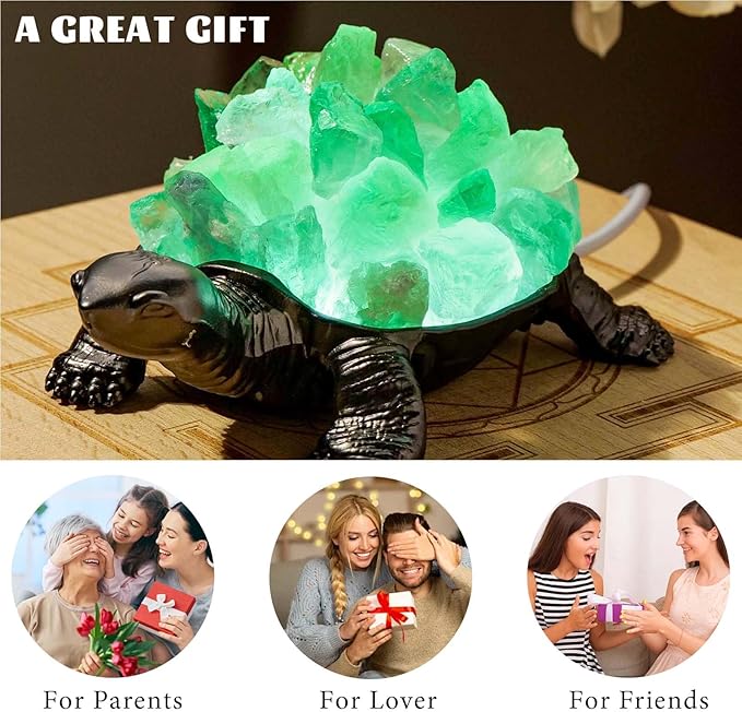 Runyangshi Natural Green Fluorite Turtle Night Lamp Healing Crystal Bedroom Bedside Table Lamp USB Port Home Decoration Women Men Decor Gift