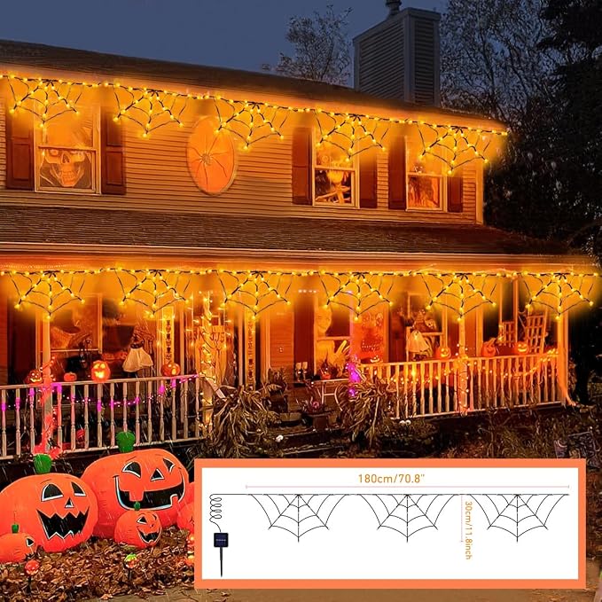 Halloween Spider Web Lights Outdoor, Solar Light up Cobweb String Lights with 60LED Lights, Spiderweb Curtain Fairy String Lights for Halloween Decorations Fireplace Proch Window Garden (Orange)