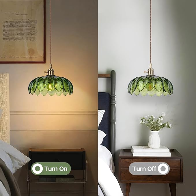 Vintage Green Flower Glass Pendant Light, Hanging Ceiling Lamp Fixture for Kitchen Island, Bedroom, Dining Room, Living Room, Plug in Lighting