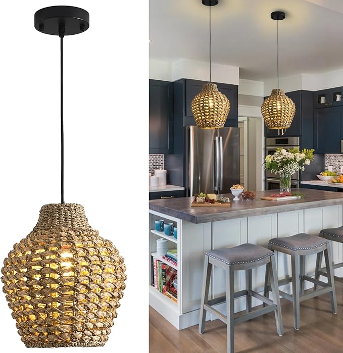 2-Pack Rattan Pendant Light 10.24" Boho Small Hand-Woven Lighting Modern Wicker Coastal Adjustable Rattan Chandelier for Kitchen Island Dining Room Bedroom Restaurant Foyer Farmhouse
