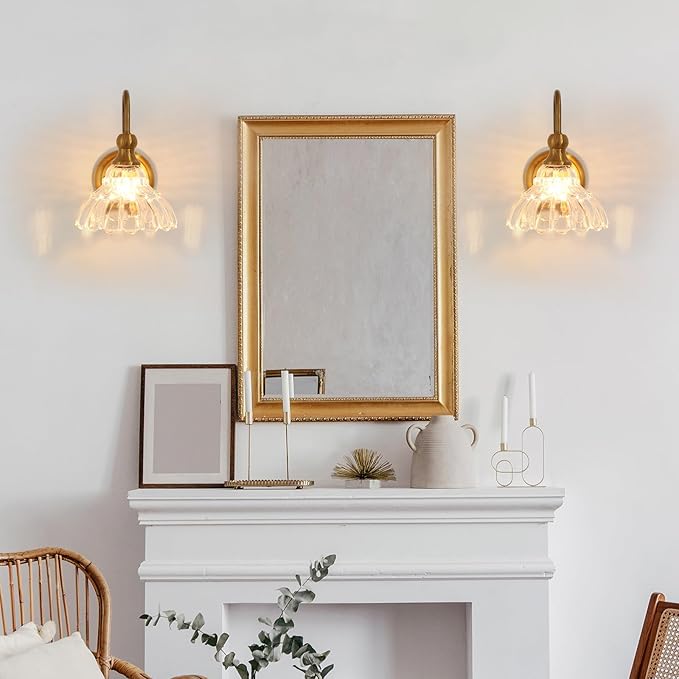 lobolighting Vintage Wall Sconce Set of 2 with Glass Shade Brass Sconces Gold Bathroom Vanity Light Fixtures Modern Wall Lighting Fixture for Bedroom Bedside Door Header