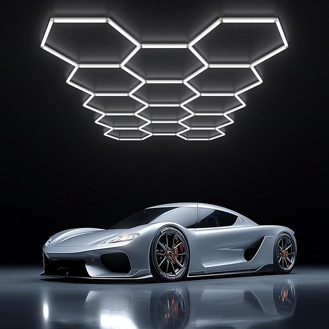 Hexagon Garage Light 370W 44460LM 6500K Ultra Bright LED Shop Lights with 14 Pack for Car Detailing, Warehouse, Workshop, Basement, Gym Lighting