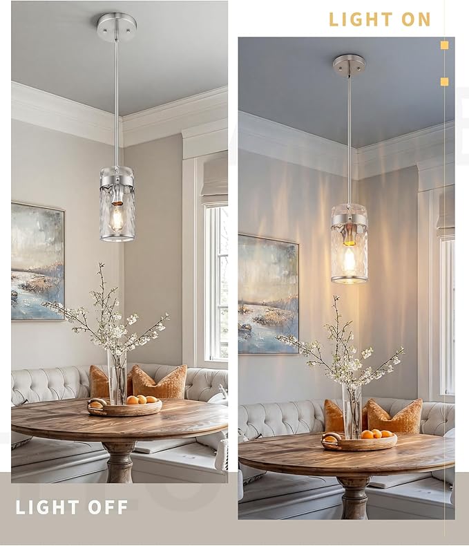 AUTELO Glass Pendant Light, Brushed Nickel 2 Light Island Pendant Lights for Kitchen with Hammered Glass, Modern Hanging Lamp with Adjustable Rods for Dining Room Bedroom Bathroom, H-2529 HMST2PK