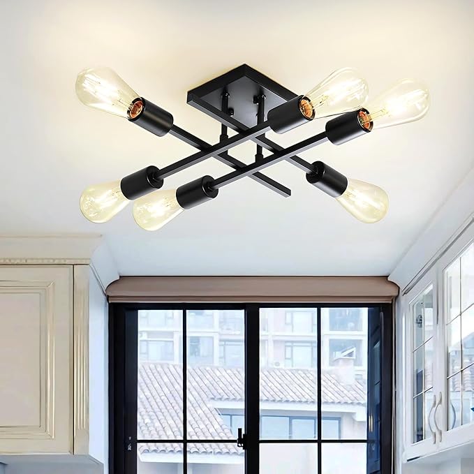 6-Light Semi Flush Mount Ceiling Light Fixture, Industrial Black Close to Ceiling Lighting, Modern E26 Base Sputnik Chandelier Ceiling Lamp for Kitchen Bedroom Living Room Hallway, 2 Pack