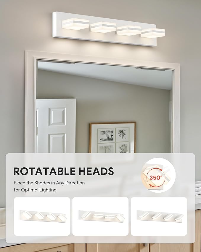 VONLUCE Bathroom Vanity Light Fixture, 4-Light Modern LED Vanity Light, 3CCT Adjustable Bathroom Lights with Memory Function Rotatable Shades, 26" Wall Lighting Fixture Over Mirror, Matte White