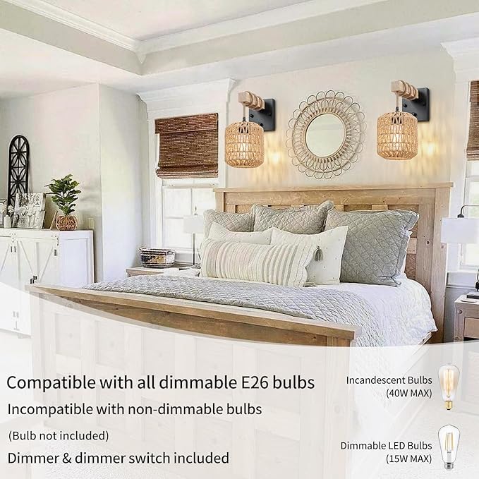 Rattan Boho Wall Sconces Set of Two, Hardwired Hand-Woven Farmhouse Wall Lamps with Wooden Arm & On/Off Dimmable Switch,Large Rustic Indoor Wall Mount Light Fixtures for Bedroom Nursery Bathroom