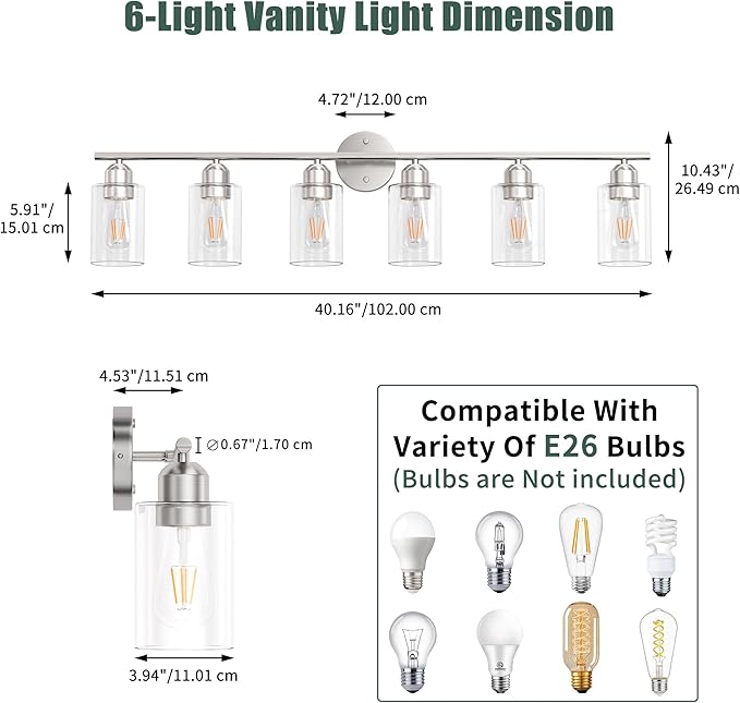 Espird Bathroom Vanity Light Fixtures Brushed Nickel, 6 Lights Bathroom Over Mirror, UL Certified, Modern Wall Lighting Fixtures with Glass Shade, E26 Socket