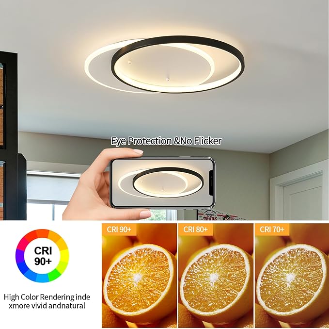 Modern LED Ceiling Light Fixture Black Semi Flush Mount Light with Remote Control 19.69" Hallway Light Fixtures Ceilings Mount Dimmable Ceiling Lamp for Bedroom,Kitchen,Entryway