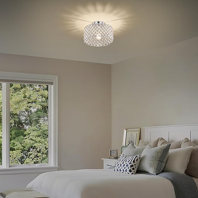 Chrome Crystal Ceiling Light Fixture,Modern Semi Flush Mount Ceiling Lighting Fixture,Round Small Chandelier for Dining Room, Hallway, Entryway, Kitchen, Bedroom,Foyer,1 Light,11.2 inch