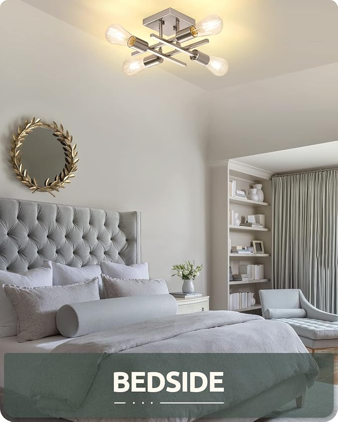 Industrial 4-Light Semi Flush Mount Ceiling Light Fixture, Modern Brushed Nickel Chandelier Lighting, Farmhouse E26 Base Sputnik Ceiling Lamp, 3 Pack