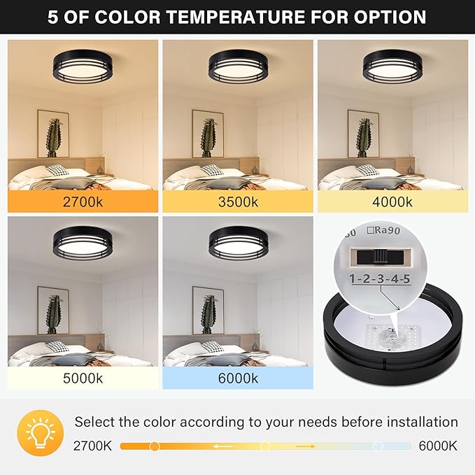 Dimmable Black Flush Mount Ceiling Light, Modern Round LED Ceiling Lights Fixture, Kitchen Flushmount Light for Bedroom Hallway Laundry Room 2700 K-6000 K 5CCT