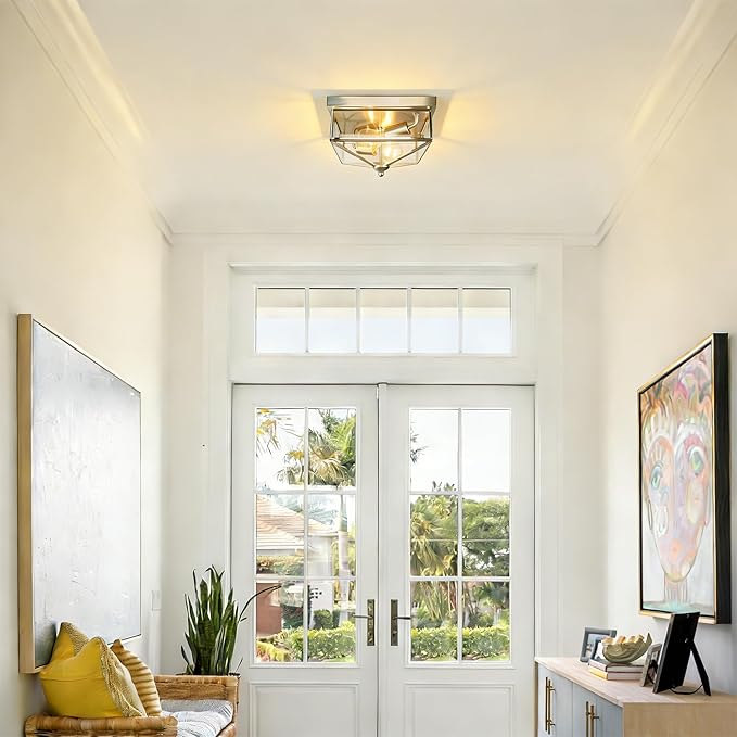 Kalium Flush Mount Ceiling Light Fixture, 2-Light Brushed Nickel Ceiling Light with Clear Glass, Modern Farmhouse Indoor/Outdoor Lighting for Kitchen, Hallway, Entryway, Foyer, Stairway (E26 Base)