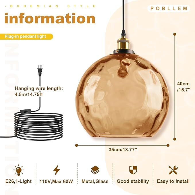 Amber Pendant Lamp Plug in, 13.8" Large Glass Globe Hanging Light Plug in Hanging Lamp with Cord, Vintage Hammered Glass Corded Pendant Light Fixture for Kitchen Dining Room Living Room