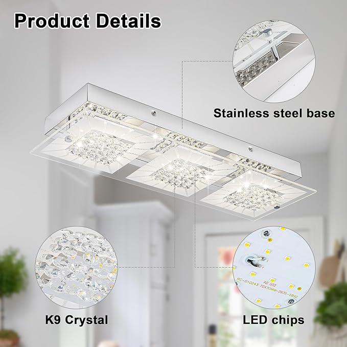 Crystal Ceiling Light Flush Mount Rectangle Ceiling Light Fxiture Modern Hallway Light LED Dimmable 4000K for Kitchen, Bathroom, Bedroom, 18W