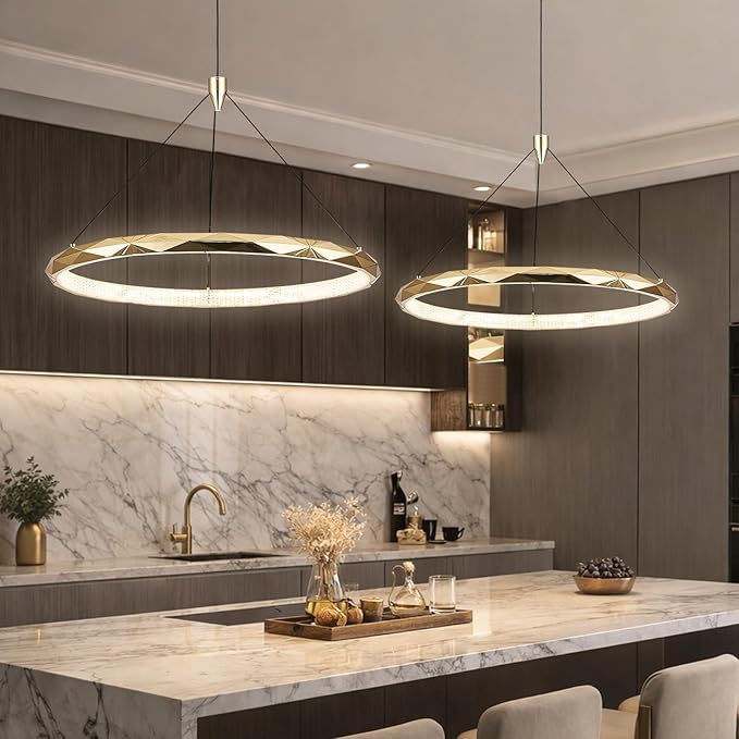 HEYAN Modern Gold Ring Chandelier, 24-Inch Faceted Geometric LED Pendant Light, Dimmable 3-Color Changeable Island Lighting, 36W Luxury Acrylic Crystal-Effect Ceiling Fixture for Dining Room & Kitchen