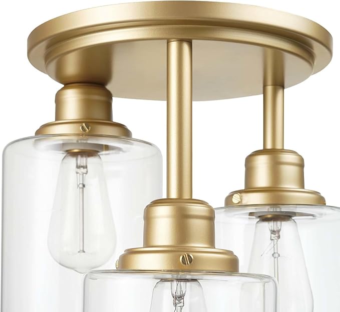 Globe Electric 65457 3-Light Flush Mount Ceiling Light, Matte Gold, Clear Glass Shades, Bedroom Lighting Fixtures Ceiling, Dining Room Fixture, Timeless Lighting for Hallway or Dining Room
