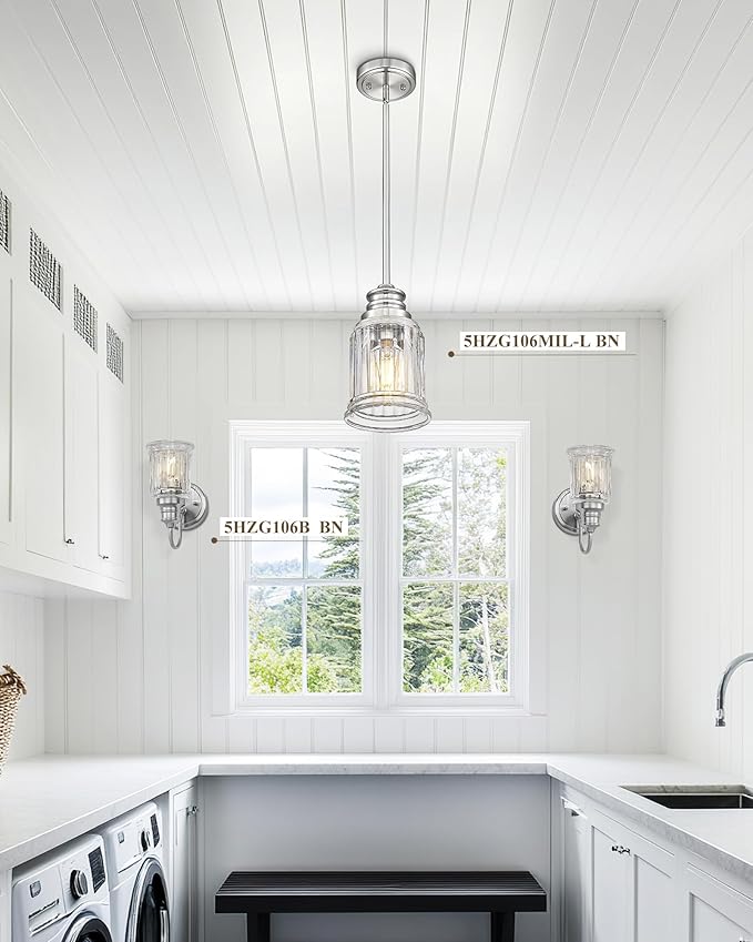 HWH Pendant Light Kitchen Island, Bell-Shaped Fluted Clear Glass Pendant Light, Pendant Lighting Height Adjustable for Dining Room, Brushed Nickel, 5HZG106MIL-L BN