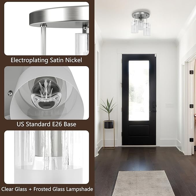 Maxax 3-Lights Nickel Semi Flush Mount Ceiling Light Fixture, 11.5" Modern Farmhouse Light Fixture with Clear Frosted Glass, E26 Base, for Kitchen, Foyer, Hallway, Entryway, Bedroom, Stairs
