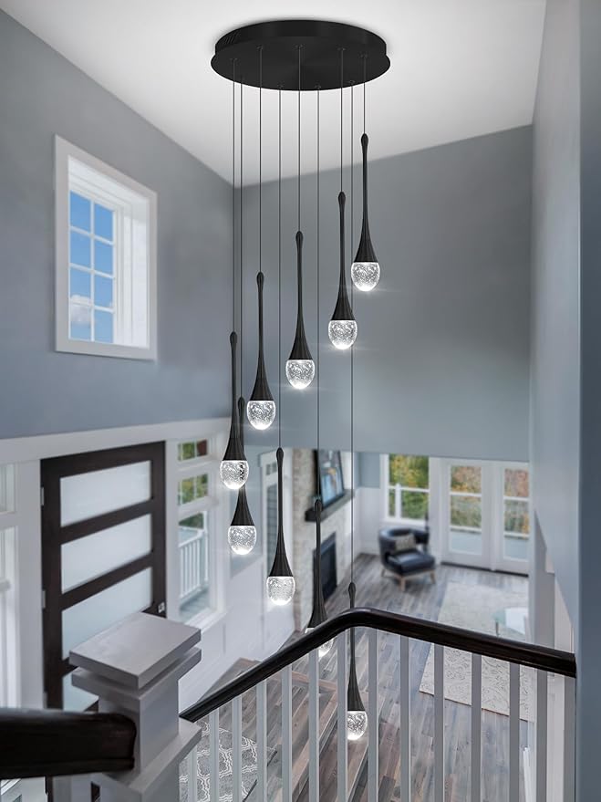 ykolupty 9-Lights Black Pendant Chandliers 100'' High Staircase Ceiling Chandeliers Crystal Bubble Raindrop Lighting Chandelier Ceiling Living Room Dimmable 2700-6000k LED Dining Lighting