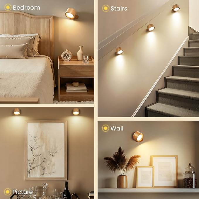 LED Wall Mounted Lamps, Battery Operated Rechargeable Wall Lights, 3CCT & Dimmable, 360°Rotation with Magnetic Ball, Cordless Wall Sconces for Picture Bedside Bedroom Reading, Wood-2 Pack