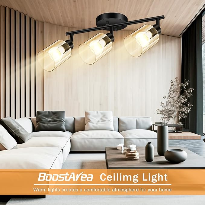 3 Light Led Track Lighting Kit, Glass Lightshade, Modern 3 Way Ceiling Spot for Kitchen, Dining Room, Bedroom, Hallway, Flexibly Rotatable Head, Black, GU10 Bulb Not Included