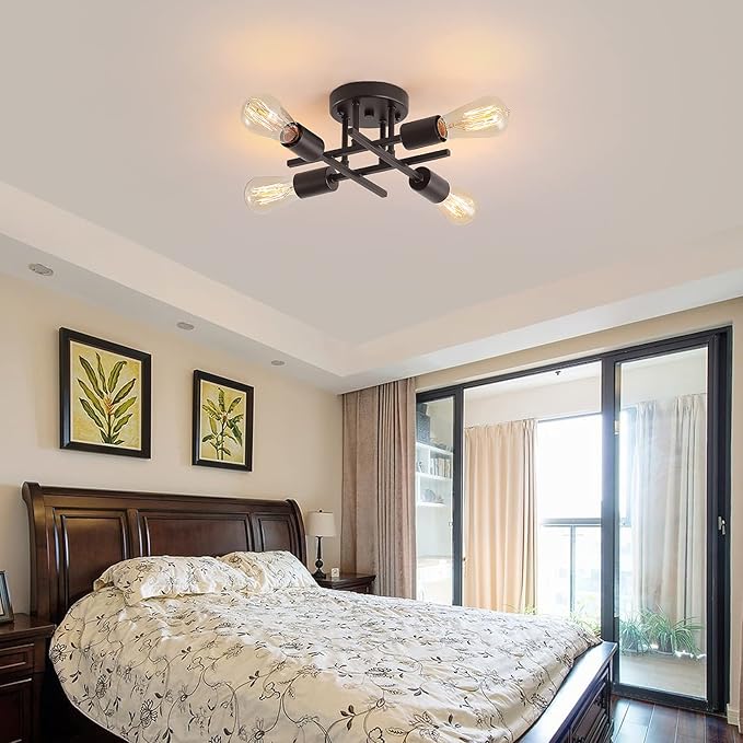 4-Light Semi Flush Mount Ceiling Light Fixtures, Black Mid-Century Modern Industrial Farmhouse Metal Chandelier Lighting Fixtures for Entryway Hallway Bedroom Kitchen Dining Room UL Listed