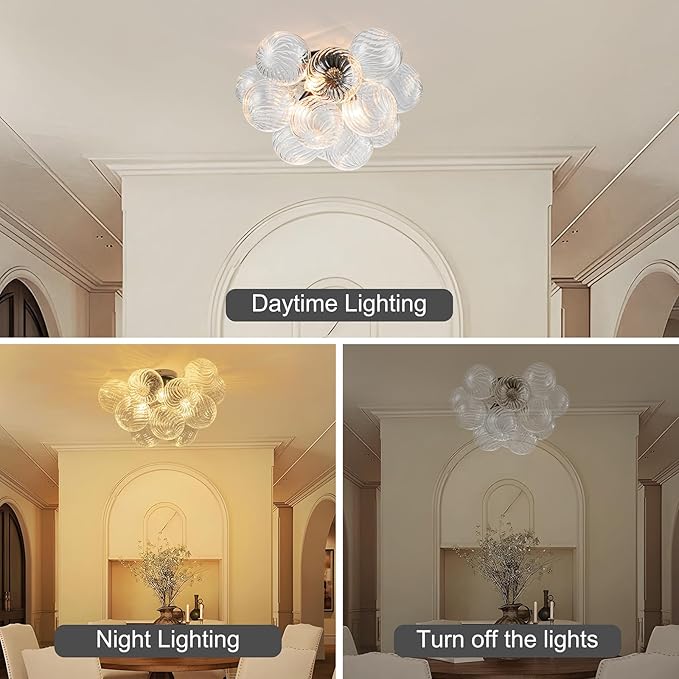 Semi Flush Mount Ceiling Light,Black Chandeliers for Living Room Modern Clear Swirled Glass Chandelier Dining Room Light Fixtures over Table 18.5" with 13 Globe for Foyer Bedroom Kitchen Island