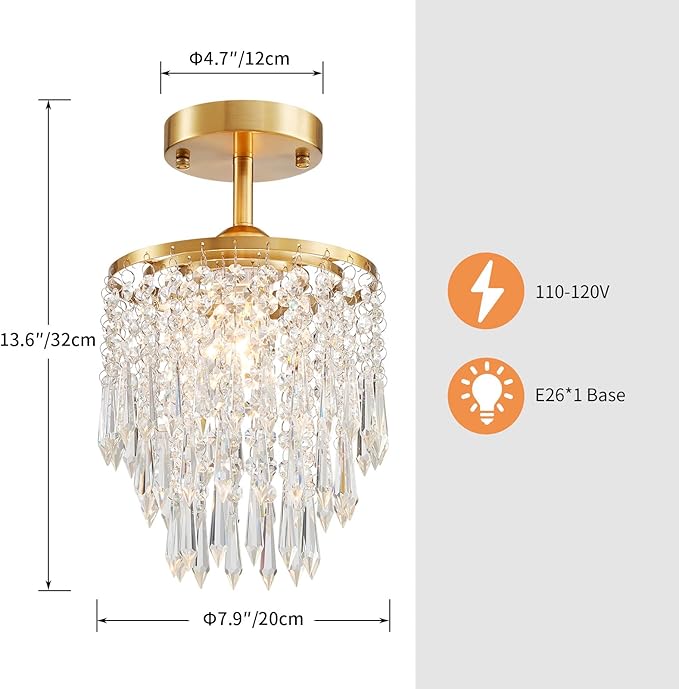 Saint Mossi Gold Crystal Semi Ceiling Light Fixture, Small Flush Mount Ceiling Light for Dining Room, Modern Pendant Light for Foyer, Closet, Chandelier for Foyer, Closet, W8xL8XH13