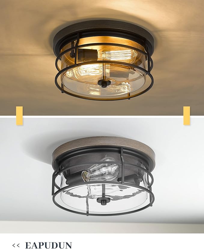EAPUDUN 2-Light Flush Mount Ceiling Light Fixture, 12inch Farmhouse Vintage Close to Ceiling Lights with Clear Glass for Kitchen Bedroom Foyer Hallway Stairway Entryway, FMA1414-FBDT