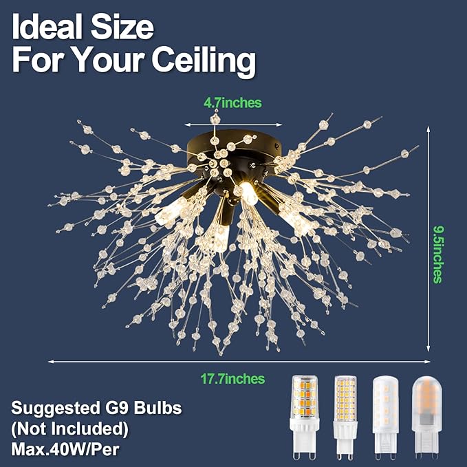 Modern Black Crystal Ceiling Light Fixture, 4-Light Mini Crystal Sputnik Firework Chandelier, Semi Flush Mount Ceiling Light Fixtures for Bedroom Kitchen Hallway Entryway Bathroom Closet(Matt Black)
