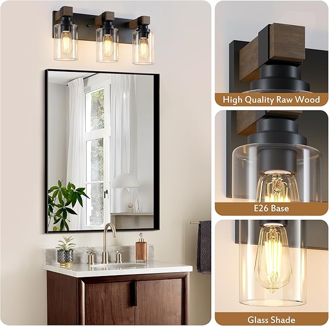 Farmhouse Bathroom Vanity Light Fixtures, Rustic 3-Light Wood Vanity Lights for Bathroom, Vintage Black Wall Sconces Lighting, Light fixtures Over Mirror, with Glass Shade