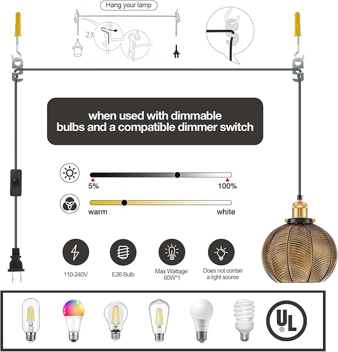 Modern Plug in Hanging Light, 7.8 Inch Glass Pendant Light with 14.76 FT Adjustable Plug in Cord, Vintage Amber Hanging Lamp for Dining Room Bedroom Kitchen Island Bathroom E26