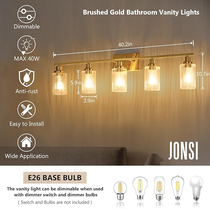 Jonsi Gold 5-Light Bathroom Vanity Light with Glass Shade, Modern Gold Bathroom Lights Over Mirror, W 40.2 x H 10.7 inches