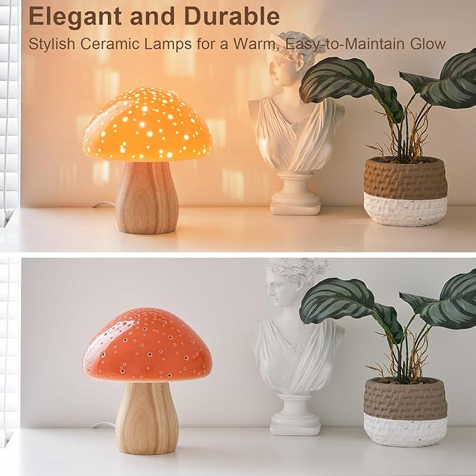 BOHON Mushroom Lamp, Ceramic Bedside Table Lamp for Bedroom Nightstand, Retro Vintage Orange Night Light, Small Aesthetic Lamp for Living Room Desk Home Decor, LED Bulb Included, Orange