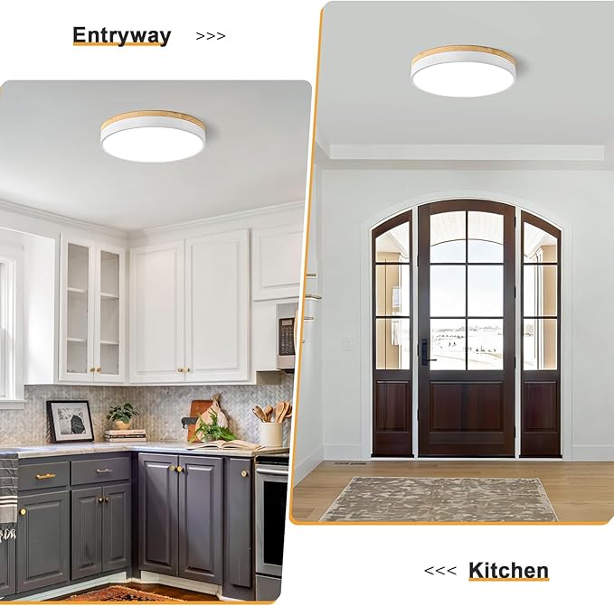Modern Dimmable Wood Ceiling Light, White Round LED Flush Mount Ceiling Lighting Fixtures, Minimalist Ceiling Lamp for Kitchen Bedroom Laundry Room Living Room Entryway Hallway&15.74 in