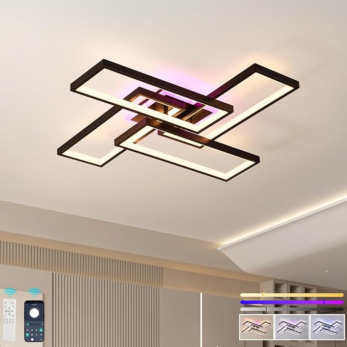 Modern Minimalist LED Flush Mount Ceiling Light Fixture - 50W Dimmable 3000-6000K Black with Remote & APP Control for Bedroom, Living Room, Kitchen, Balcony