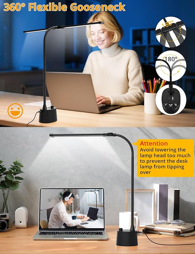 Woputne Desk Lamp, Dual Head, Smart USB A+C Charging Port, 5 Color Modes Dimmable, 2600 Lumens 12W Wide-Angle Lighting Table Lamp, 49cm Height for Bedside Reading, Office, Study, Crafts, Draw