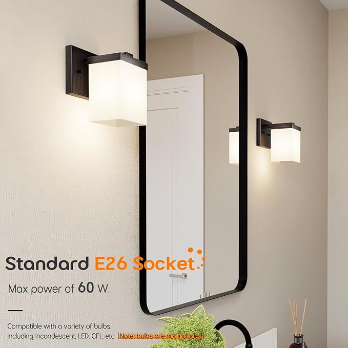 Wall Lights Over Mirror Bathroom Vanity Lighting Fixtures with White Frosted Glass Shade, Porch Wall Sconces, 2 Pack Oil Rubbed Bronze T003ORB-L1-P2