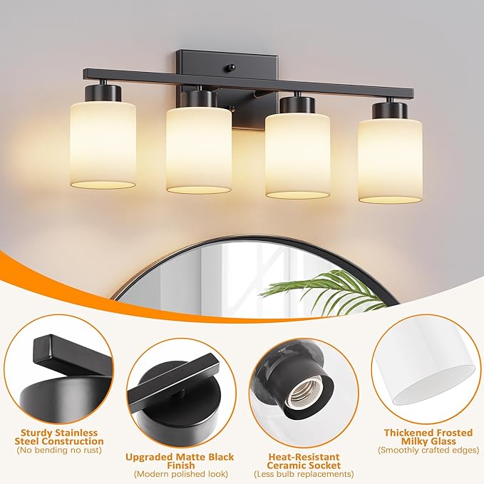 PARTPHONER 4-Light Matte Black Bathroom Light Fixtures, Modern Vanity Light Over Mirror Lighting, Wall Sconce with Frosted Milky White Glass Shades for Bedroom Living Room Kitchen Hallway